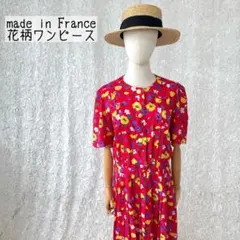 フランス製　花柄半袖ワンピース 赤 ユーロヴィンテージ　L相当