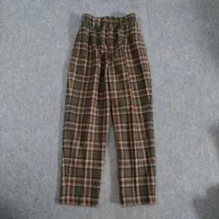 【ブランド不明】チェックスラックス 裏地付き ウール グリーン×ベージュ