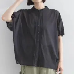 新品未使用品】5分袖シャツ レース切り替え ブラック Fサイズ 
