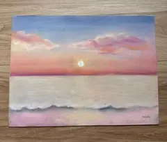 原画：ハガキサイズ】 夕暮れの空と白い月 オイルパステル画 - メルカリ