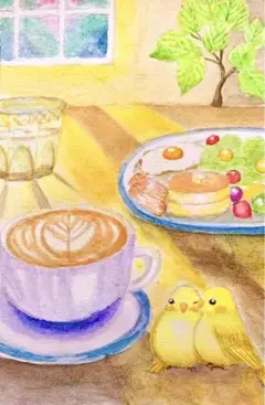 水彩画 カフェのモーニング　値段は700円です