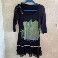 グラフィックプリント 半袖チュニック ブラック