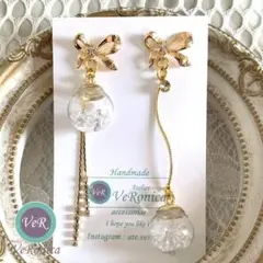 アシンメトリーリボンガラスドームピアス　ハンドメイド　14K　レディース　クリア
