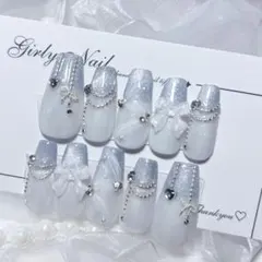 Ｎｏ．現品 ネイルチップハンドメイド 白水色シルバー韓国ハートリボンちゅるん大人