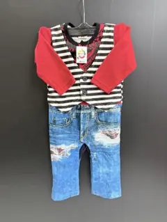 デニム風ロンパース 赤ストライプ