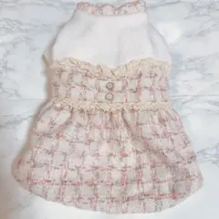 犬服　ドレス チェック柄 レース装飾　　Mサイズ　ピンク　ホワイト　（小型犬用）