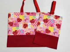 レッスンバッグ　シューズケース　ハート赤　パッチワーク　ラメ入り　ハンドメイド