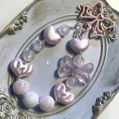 ビーズ　スマホストラップ 携帯ストラップピンクハートリボン