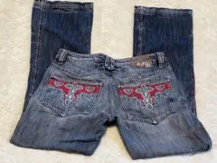 【希少】ANTIKDENIM赤クロス刺繍ブーツカットデニムフレアジーンズのサムネイル
