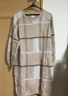 ピンクベージュ チェック柄 ニット 4L