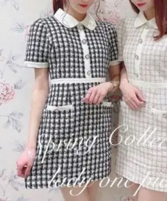 evelyn ツイード 半袖 ワンピース 丸襟 ビジューボタン チェック柄