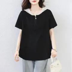 美品 Tシャツ オシャレデザイン 切り替 レース柄 フード付き 着痩せ 薄手