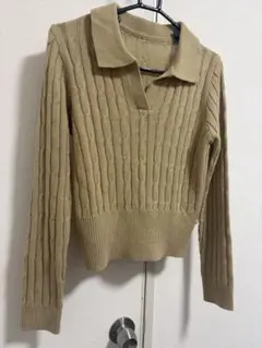 【No100】SHEIN ニットセーター　キャメル　リブ編み ポロ襟