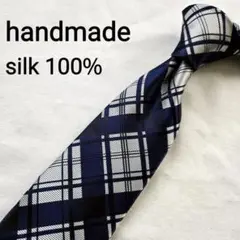 美品　ブルー　ハンドメイド シルク100% ネクタイ チェック柄