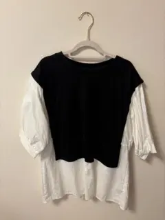 レイヤード ブラック ホワイト 長袖シャツ