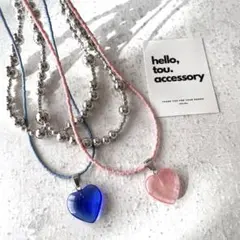 シルバービーズネックレス　淡めピンク　ハートモチーフネックレス　チョーカー風