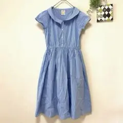 シャツワンピース ストライプ 半袖 レトロガーリー ウエストゴム ひざ丈 夏
