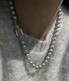 グレー パールビーズ ネックレス ゴールド金具