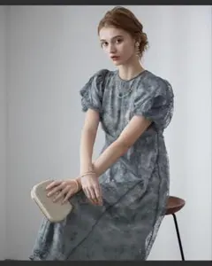 フリル袖 ブルーグレー シフォン パーティードレス　オケージョン　お呼ばれドレス