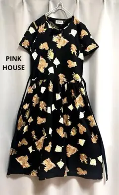 PINK HOUSE 総柄カットソーロングワンピース 総柄 くまちゃん ロゴ