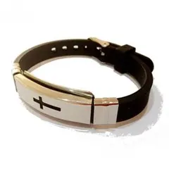 時計型 メンズブレスレット クロス（十字架） ゴム製ベルト黒×シルバーパーツ