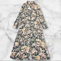 H&M　ボタニカル柄　ロングシャツフレアワンピース　ＸＳ相当　ダークグリーンのサムネイル