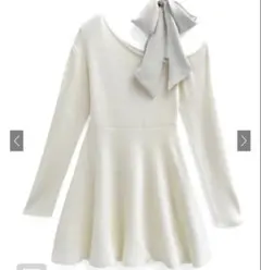 ホワイト オフショルダー リボン付き ワンピース