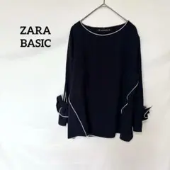 ♦︎ZARA BASIC 長袖シャツ　ブラウス　M ネイビー　リボン付き