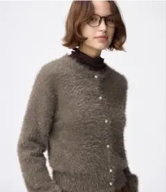 新品未使用☆GUシャイニーフェザーカーディガンラメブラウンキラキラXL