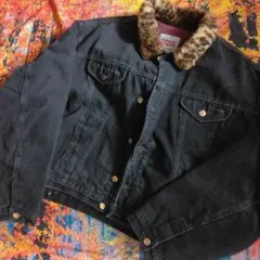 【古着】SISLEY ブラック デニムジャケット ファー襟　XL