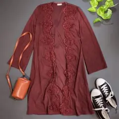 【アクシーズファム】ロングカーディガン (M) バーガンディ 花柄レース ベルト
