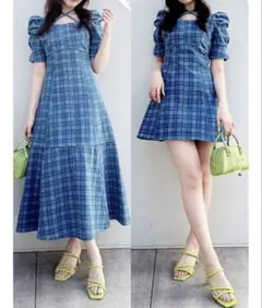 dazzlin 2WAYスイッチングステッチワンピース ブルーチェック柄