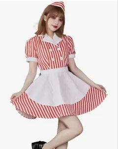 ダイナーガール コスチューム 赤白ストライプ アメリカン コスプレ 仮装 Mのサムネイル