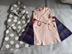 キッズピンクワンピース（チェック柄）と、グレーふわふわ水玉模様ワンピースセット