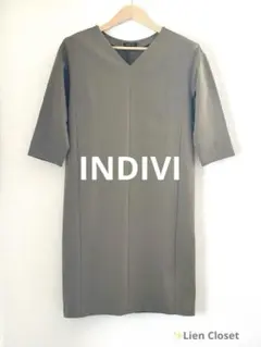 INDIVI ジャージワンピース オリーブグリーン Vネック Iライン 五分袖