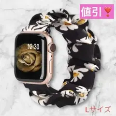Apple Watch バンド　花柄　黒　ブラック シュシュ　Lサイズ　春
