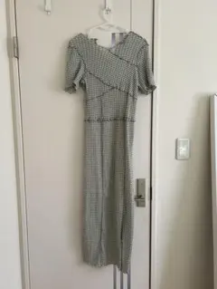 スナイデルグリーン系チェック 半袖ロングワンピース