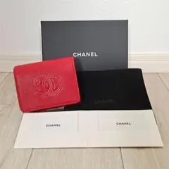 最終割引 美品 CHANEL☆ココマーク キャビアスキン　３つ折り財布　 レッド