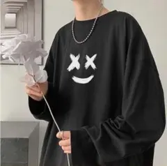 シンプル 黒 ロングTシャツ 大きめ XXL メンズ 長袖 ブラック 韓国