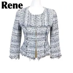 【美品】Rene ノーカラージャケット 36 青×白 ツイード ボーダー 美品】Rene ノーカラージャケット 36 青×白 ツイード ボーダー