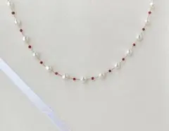 天然石×本真珠 ホワイトピンク s925ロングネックレス ルビー 上品