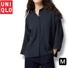 【UNIQLO】ドレープブラウス 7分袖 ネイビー M