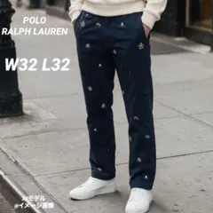 POLO 랄프 로렌 총 무늬 자수 치노 바지 슬림 피트 불독 해골 W32