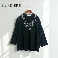 キュリエ【LL】カットソー 黒 花柄刺繍 大人きれいめ 七分袖　g252