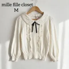 mille fille closet リボン付きレース襟フリルニット 白 M
