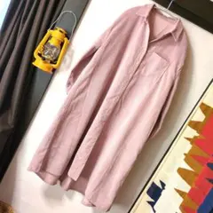 コーデュロイ ピンク シャツワンピース　ロングM〜3XL