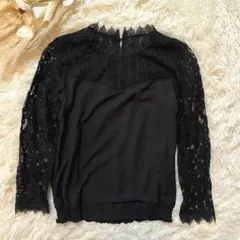 【スウィングル】袖胸元レース　長袖シャツ ブラウス　ブラック S 上品　通勤