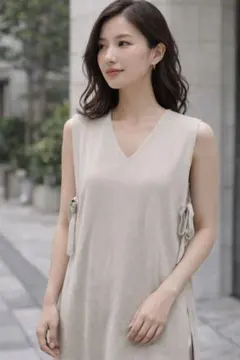 LOWRYS FARM ニットワンピース ベージュ F サイドリボン Vネック