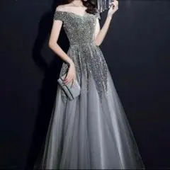 グレー オフショルダー ロングドレス ラメ チュール セクシー　可愛い　韓国