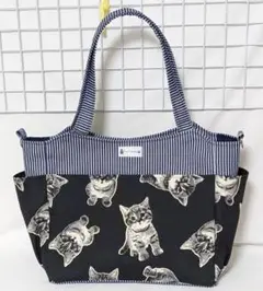 猫柄 ・キュート ・ヒッコリー カラーデニムNのサイドポケット付きトートバッグW